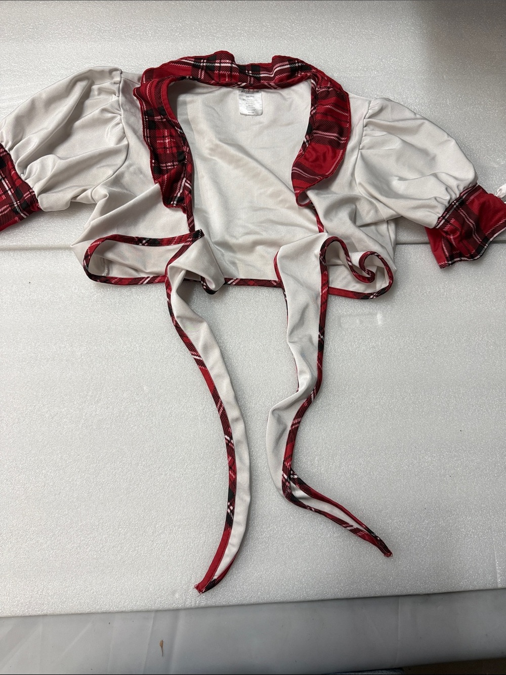 Cream Crop Bandeau with Red Plaid Trim Tie-Front